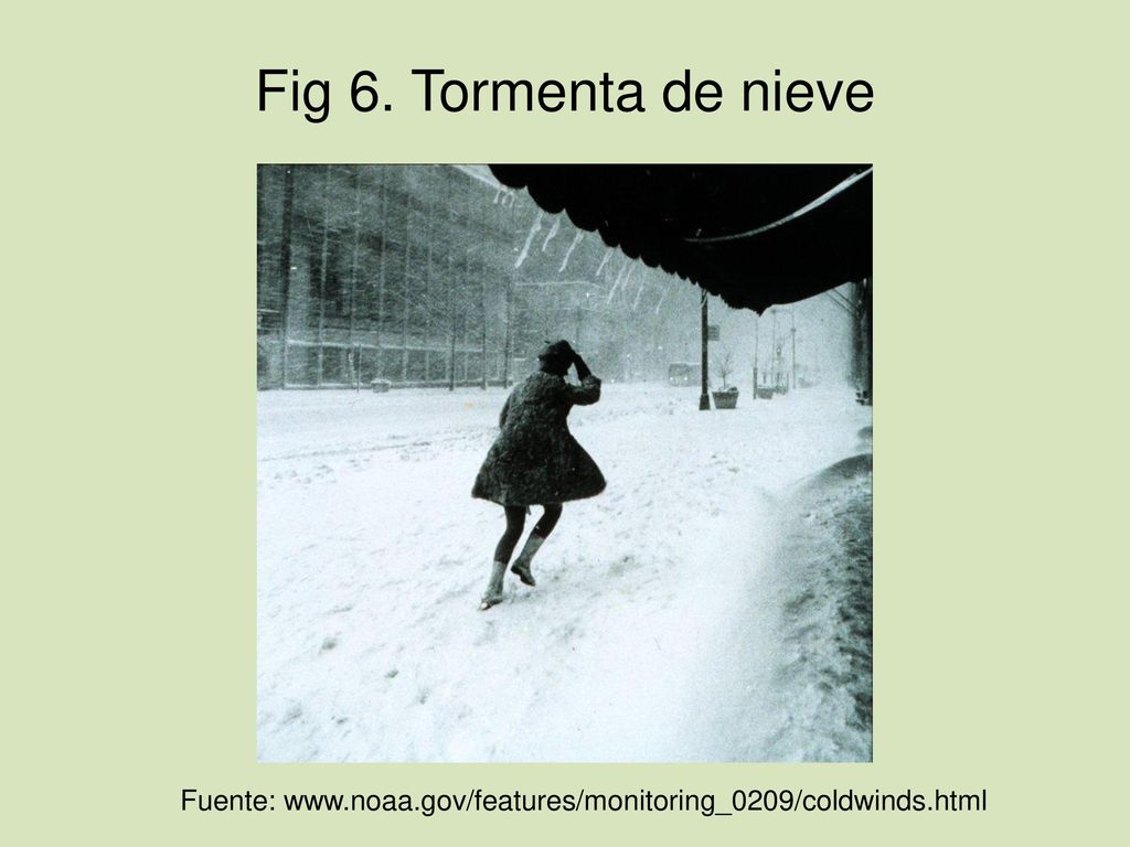 Fig 6. Tormenta de nieve Figure 6: foto de una persona caminando en una tormenta de nieve [respuesta: tiempo].