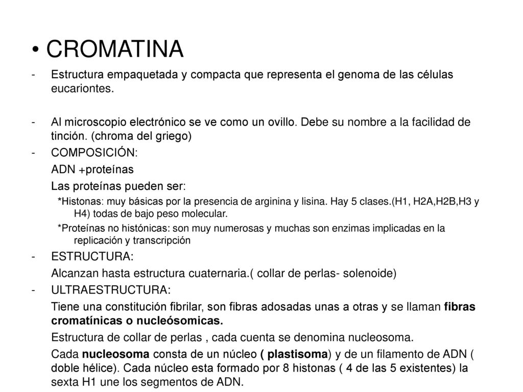 CROMATINA Estructura empaquetada y compacta que representa el genoma de las células eucariontes.