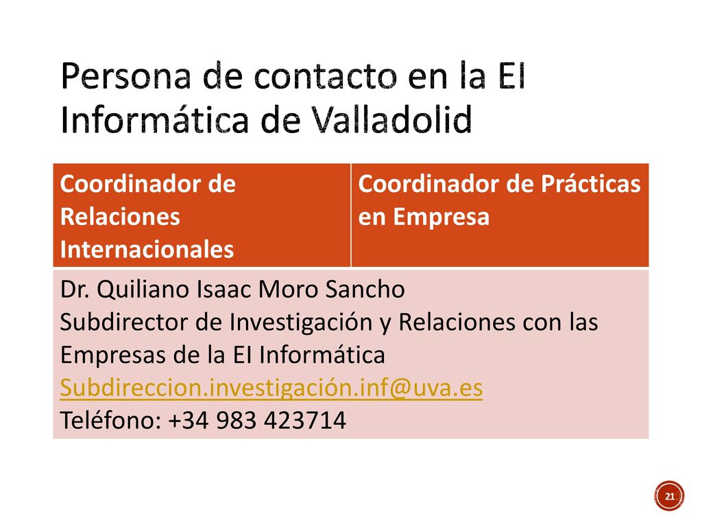Persona de contacto en la EI Informática de Valladolid