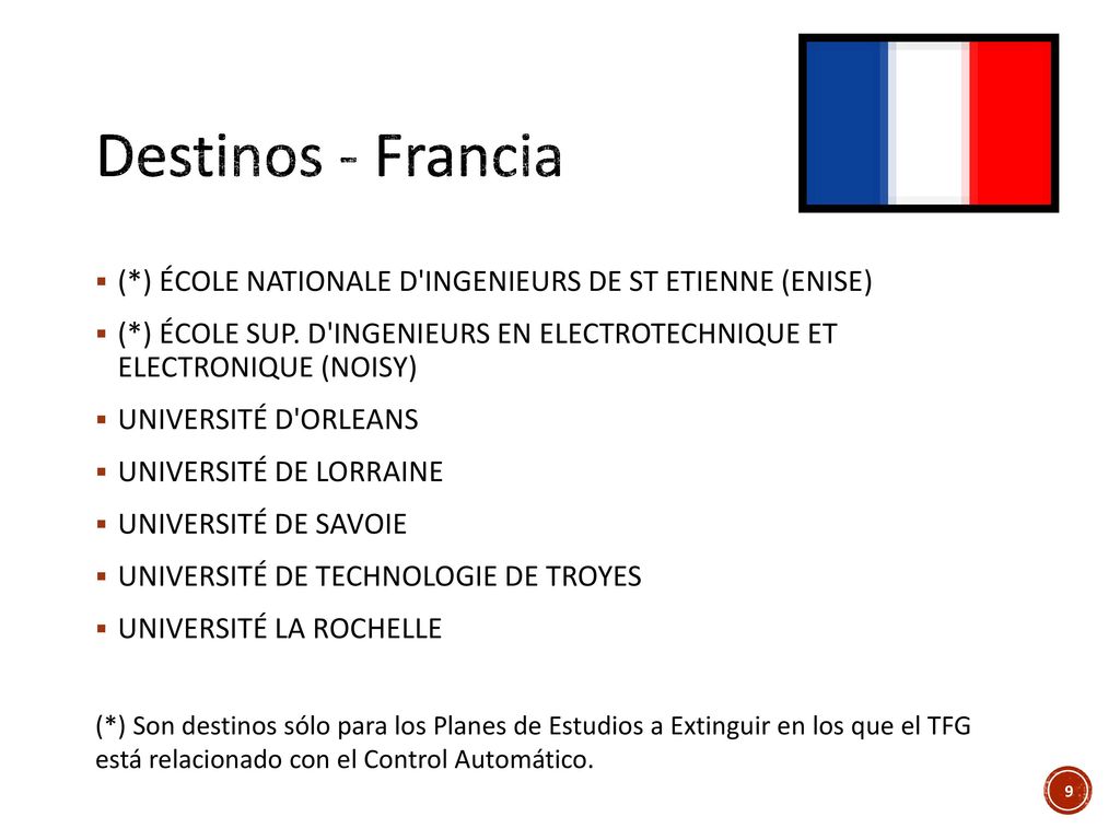 Destinos - Francia (*) ÉCOLE NATIONALE D INGENIEURS DE ST ETIENNE (ENISE) (*) ÉCOLE SUP. D INGENIEURS EN ELECTROTECHNIQUE ET ELECTRONIQUE (NOISY)