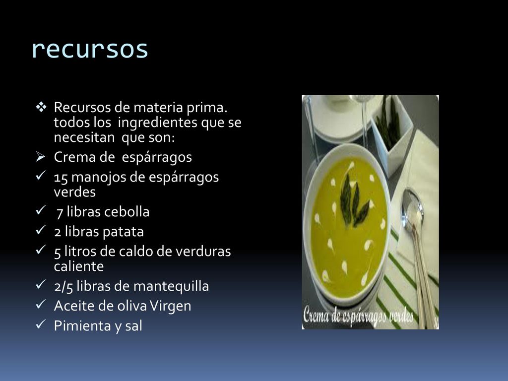 recursos Recursos de materia prima. todos los ingredientes que se necesitan que son: Crema de espárragos.
