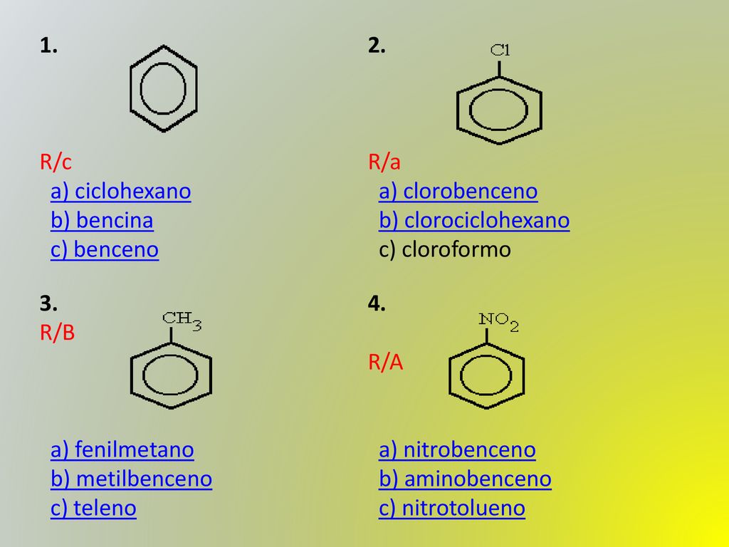 1. R/c. a) ciclohexano b) bencina c) benceno. 2. R/a. a) clorobenceno b) clorociclohexano c) cloroformo.