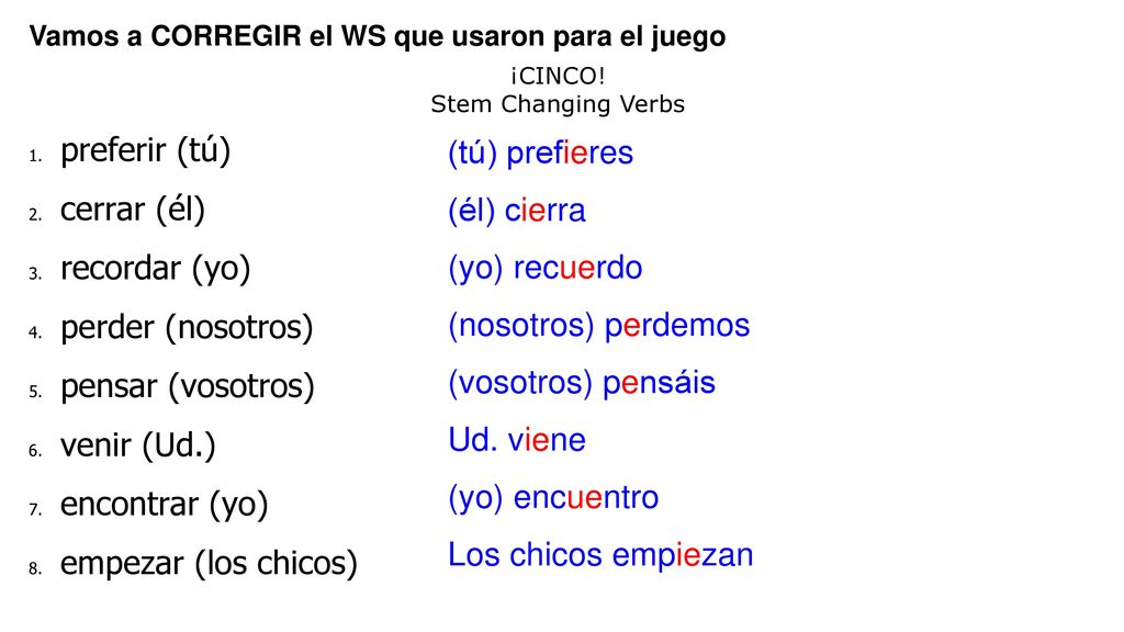 preferir (tú) cerrar (él) (tú) prefieres recordar (yo)