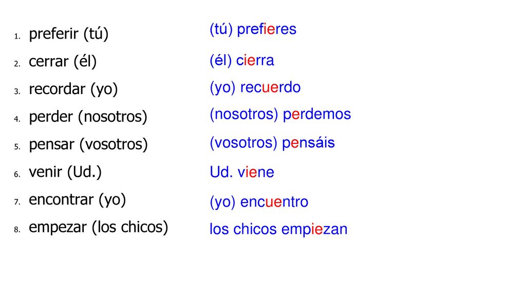 preferir (tú) cerrar (él) recordar (yo) perder (nosotros) pensar (vosotros) venir (Ud.) encontrar (yo)