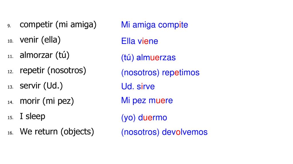 competir (mi amiga) venir (ella) almorzar (tú) repetir (nosotros) servir (Ud.) morir (mi pez) I sleep.
