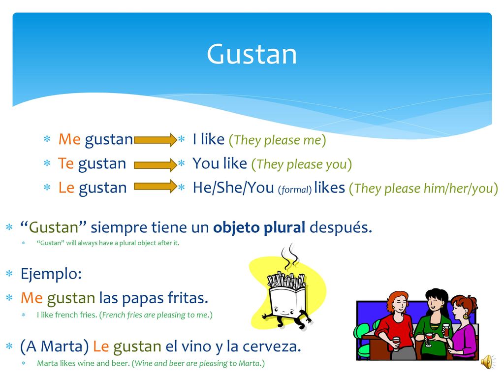 Gustan Me gustan Te gustan Le gustan I like (They please me)