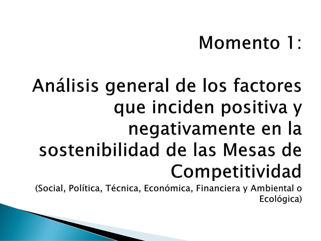 Momento 1: Análisis general de los factores que inciden positiva y negativamente en la sostenibilidad de las Mesas de Competitividad (Social, Política, Técnica, Económica, Financiera y Ambiental o Ecológica)