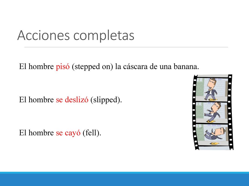 Acciones completas El hombre pisó (stepped on) la cáscara de una banana. El hombre se deslizó (slipped).