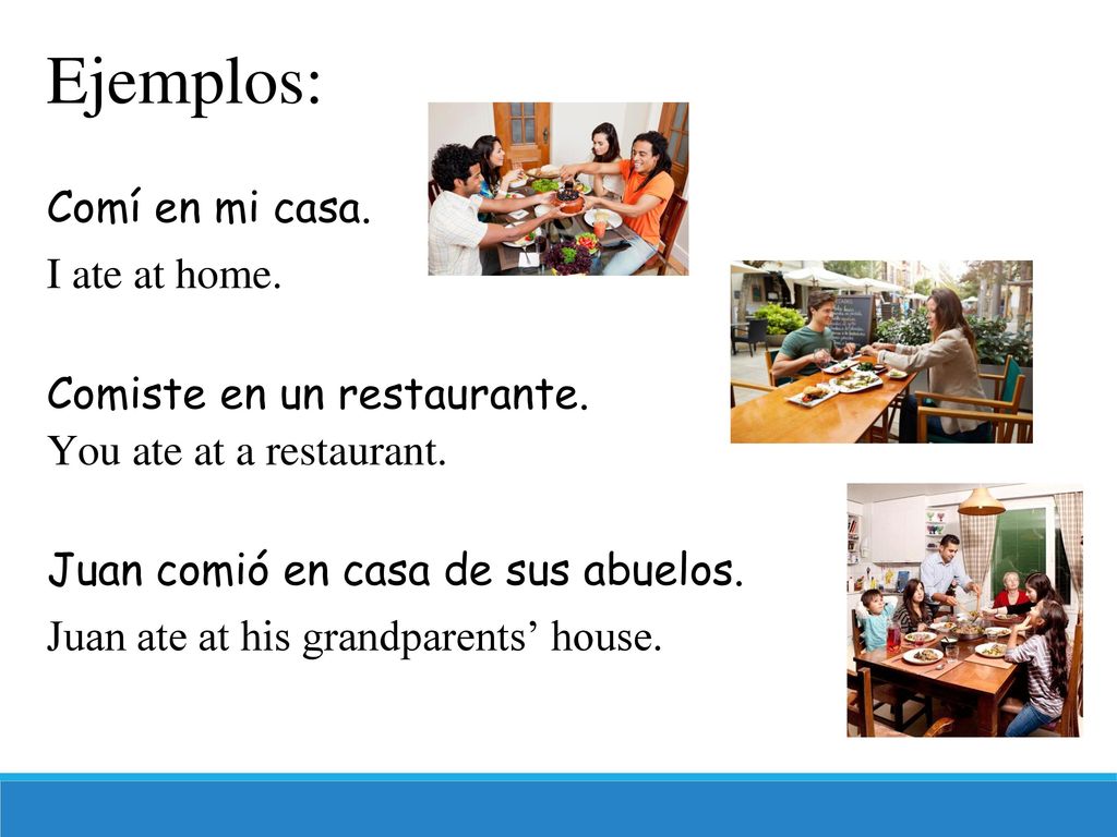 Ejemplos: Comí en mi casa. I ate at home. Comiste en un restaurante.