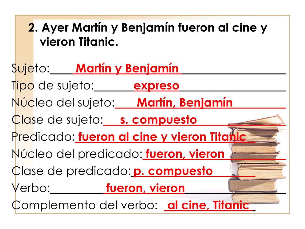 2. Ayer Martín y Benjamín fueron al cine y vieron Titanic.