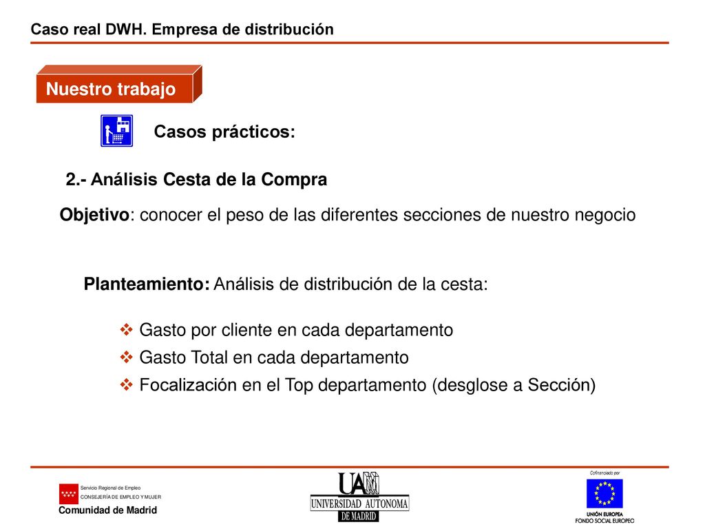 Nuestro trabajo Casos prácticos: 2.- Análisis Cesta de la Compra. Objetivo: conocer el peso de las diferentes secciones de nuestro negocio.