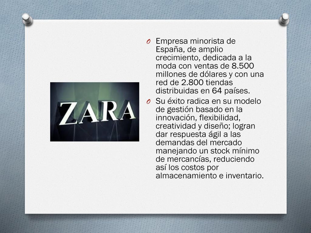 Empresa minorista de España, de amplio crecimiento, dedicada a la moda con ventas de millones de dólares y con una red de tiendas distribuidas en 64 países.