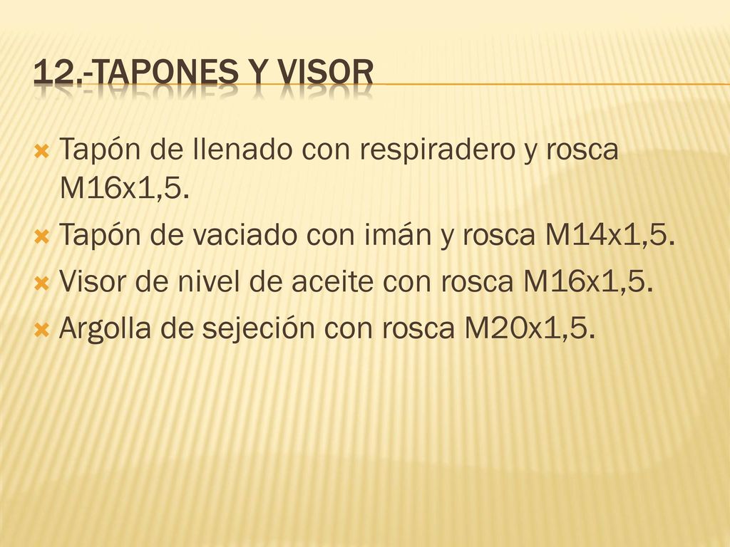 12.-Tapones y visor Tapón de llenado con respiradero y rosca M16x1,5.