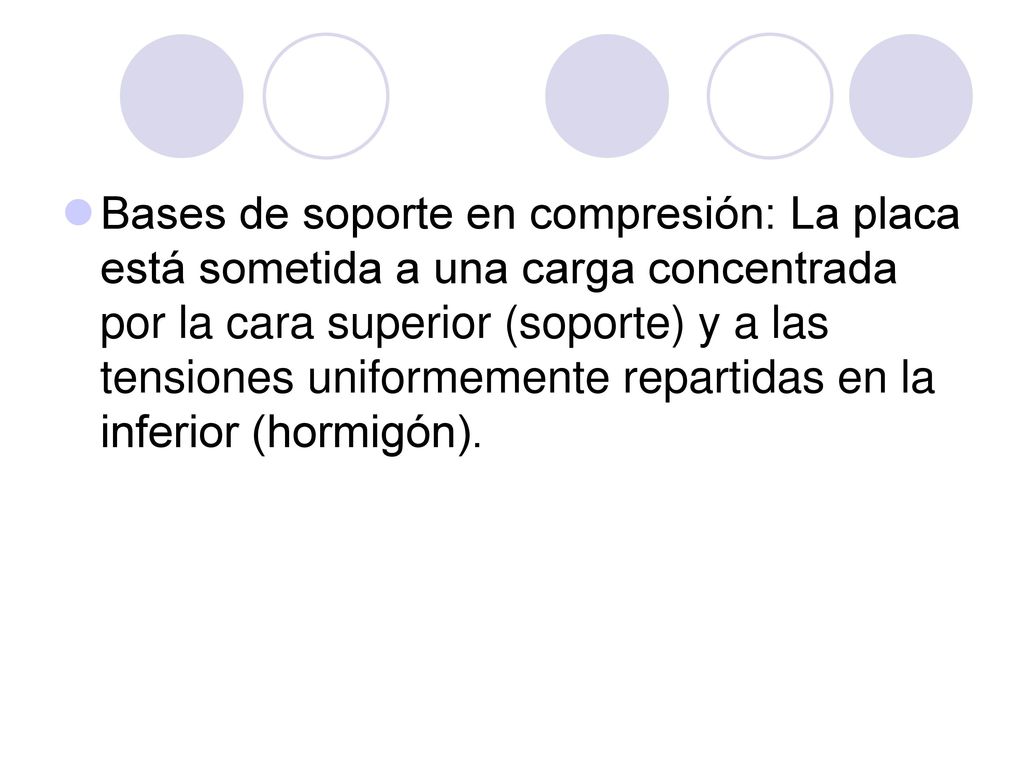 Bases de soporte en compresión: La placa está sometida a una carga concentrada por la cara superior (soporte) y a las tensiones uniformemente repartidas en la inferior (hormigón).