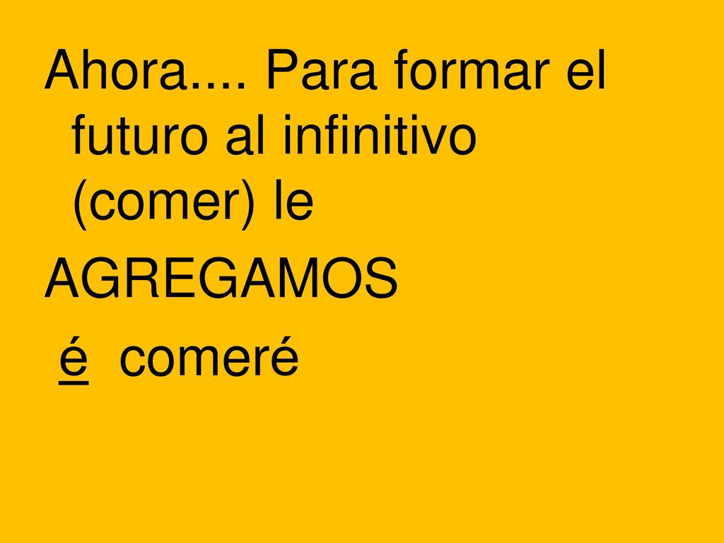 Ahora.... Para formar el futuro al infinitivo (comer) le AGREGAMOS é comeré