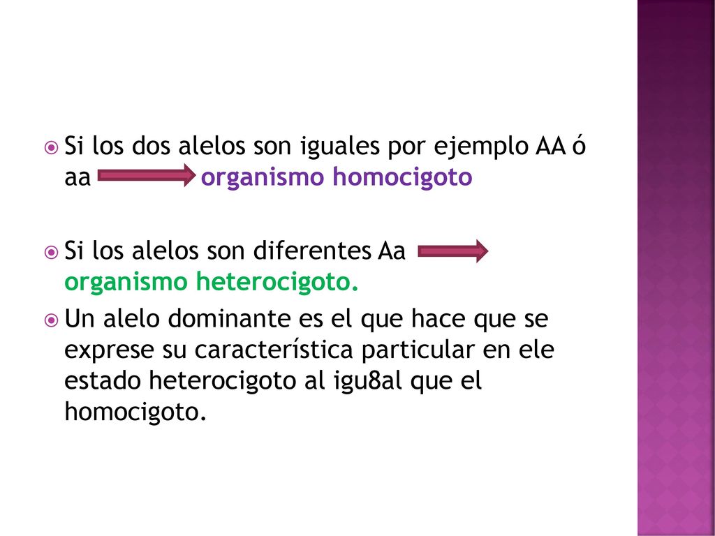 Si los dos alelos son iguales por ejemplo AA ó aa organismo homocigoto