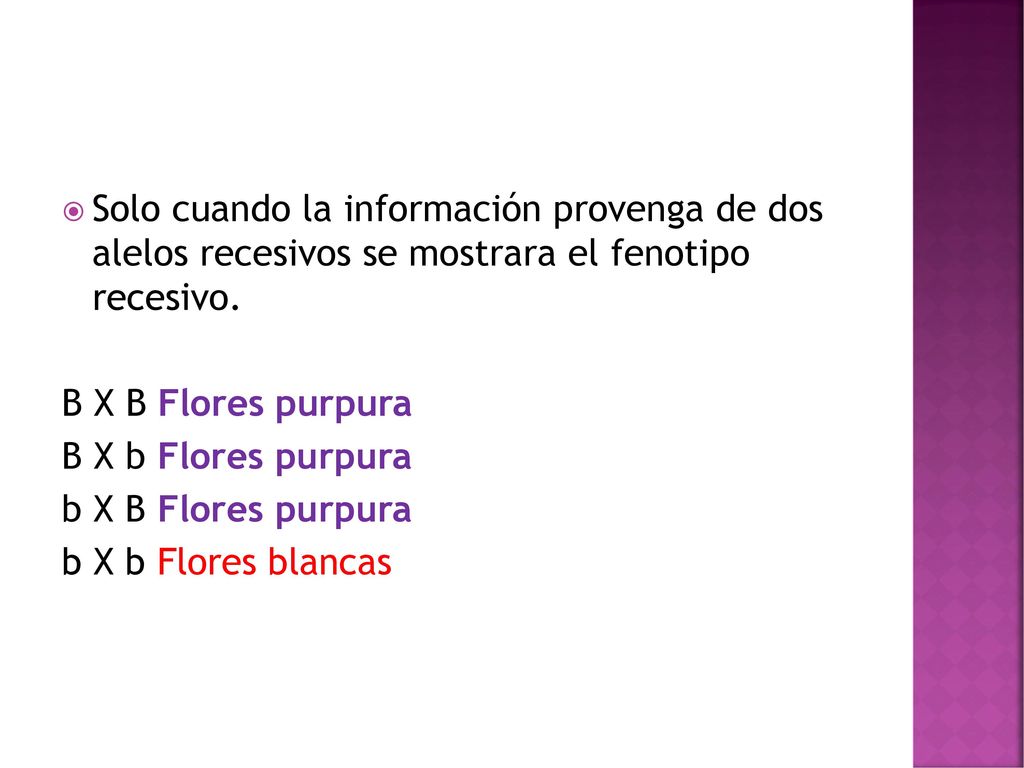 Solo cuando la información provenga de dos alelos recesivos se mostrara el fenotipo recesivo.