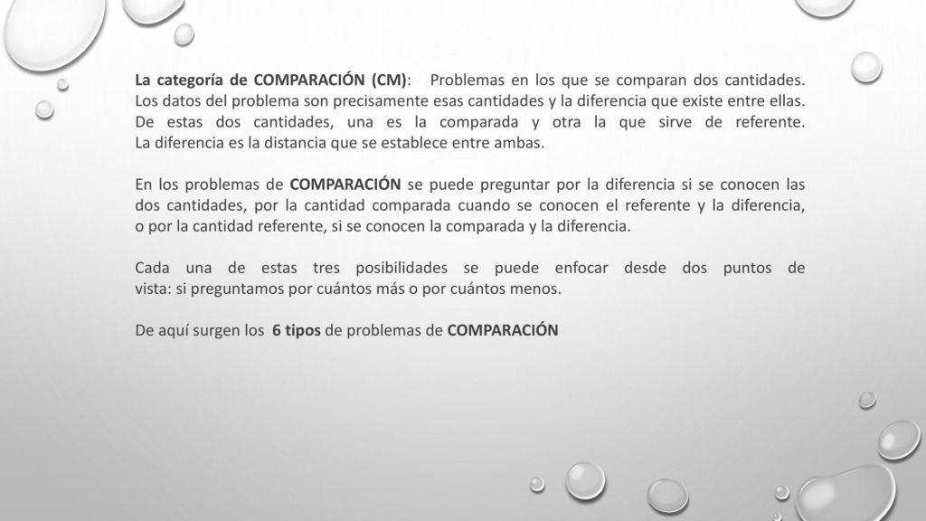 La categoría de COMPARACIÓN (CM): Problemas en los que se comparan dos cantidades. Los datos del problema son precisamente esas cantidades y la diferencia que existe entre ellas. De estas dos cantidades, una es la comparada y otra la que sirve de referente. La diferencia es la distancia que se establece entre ambas.