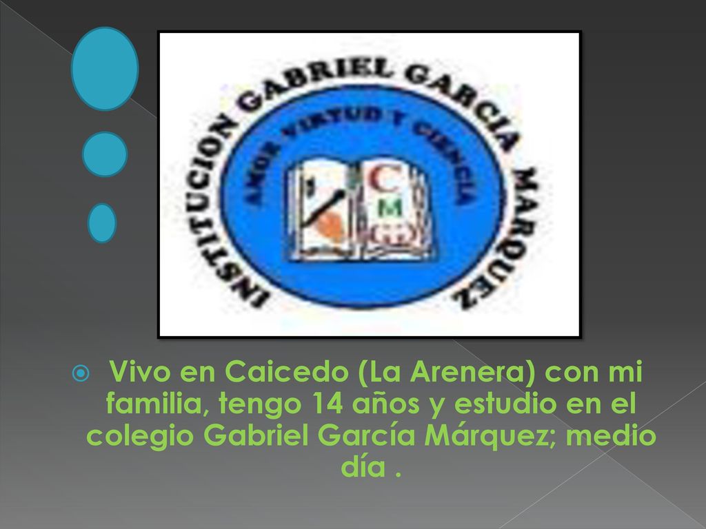 Vivo en Caicedo (La Arenera) con mi familia, tengo 14 años y estudio en el colegio Gabriel García Márquez; medio día .