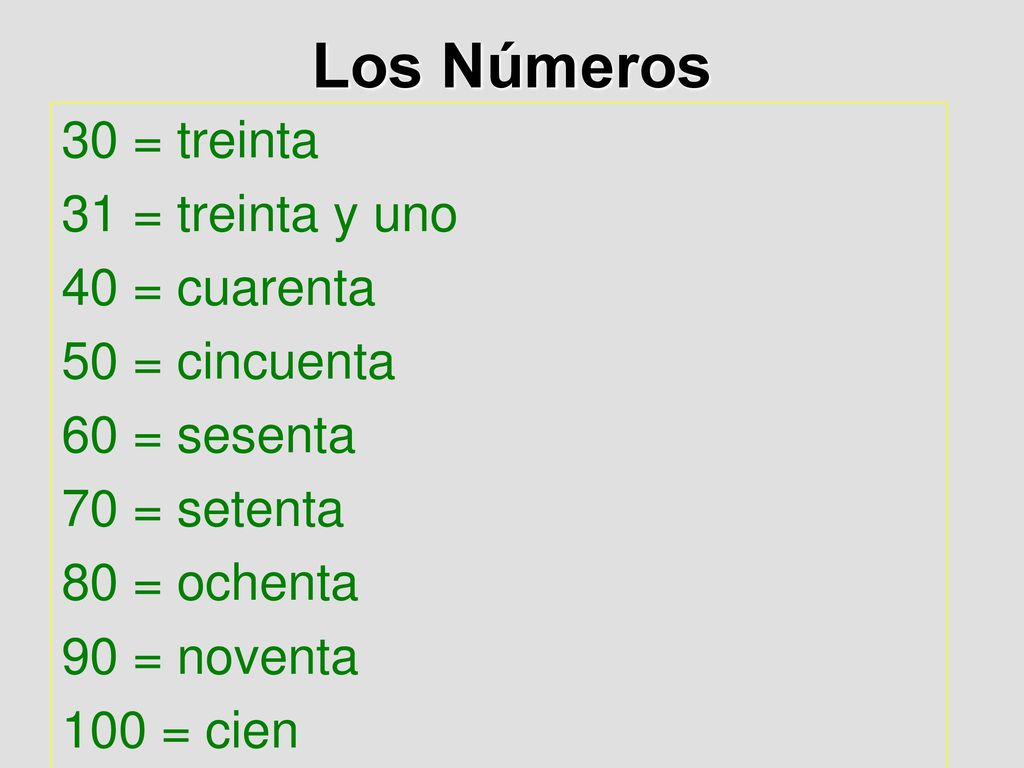 Los Números 30 = treinta 31 = treinta y uno 40 = cuarenta