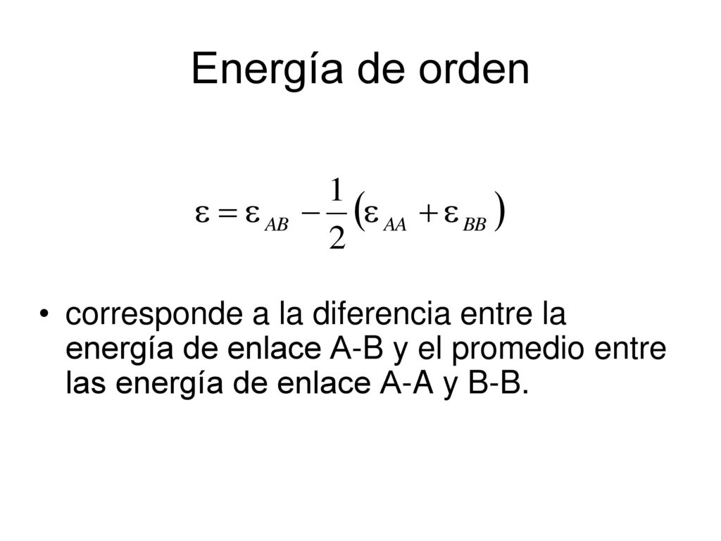 Energía de orden corresponde a la diferencia entre la energía de enlace A-B y el promedio entre las energía de enlace A-A y B-B.