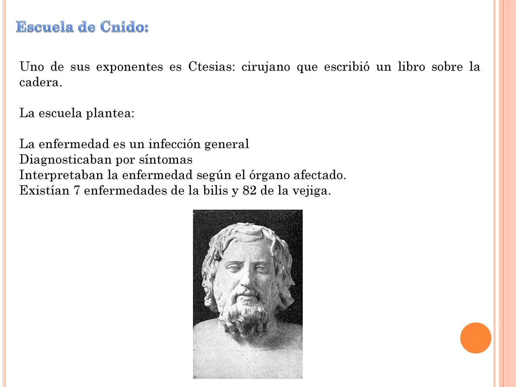 Escuela de Cnido: Uno de sus exponentes es Ctesias: cirujano que escribió un libro sobre la cadera.