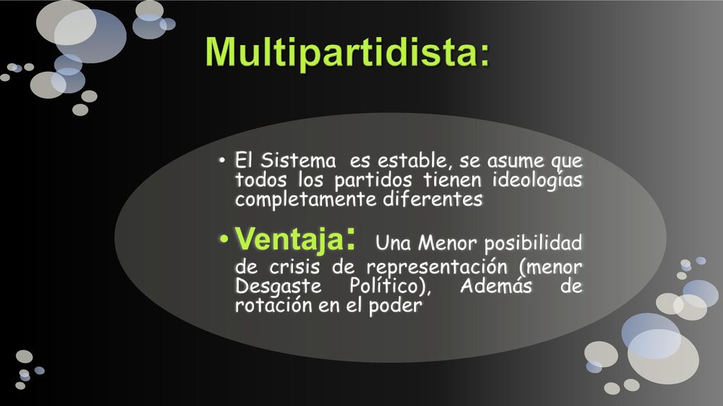 Multipartidista: El Sistema es estable, se asume que todos los partidos tienen ideologías completamente diferentes.