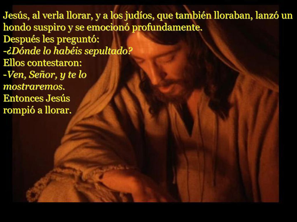 Jesús, al verla llorar, y a los judíos, que también lloraban, lanzó un hondo suspiro y se emocionó profundamente. Después les preguntó: -¿Dónde lo habéis sepultado Ellos contestaron: -Ven, Señor, y te lo