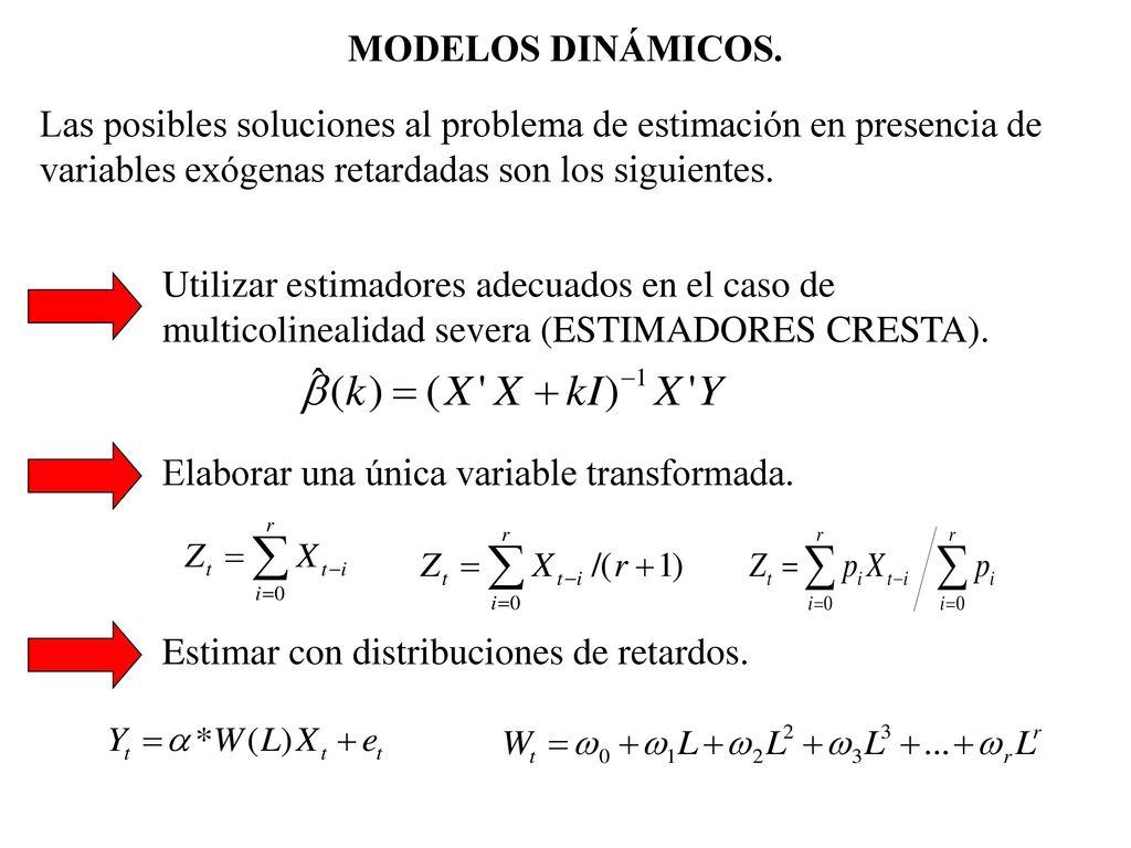 MODELOS DINÁMICOS. Las posibles soluciones al problema de estimación en presencia de variables exógenas retardadas son los siguientes.