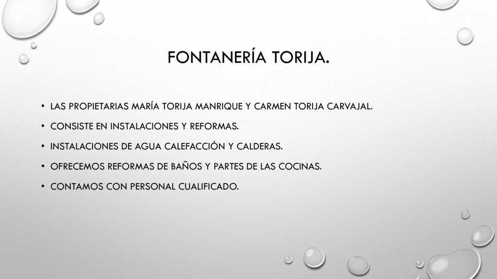 Fontanería Torija. Las propietarias María Torija Manrique y Carmen Torija carvajal. Consiste en instalaciones y reformas.