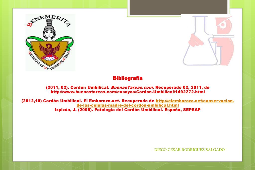 Bibliografía (2011, 02). Cordón Umbilical. BuenasTareas. com