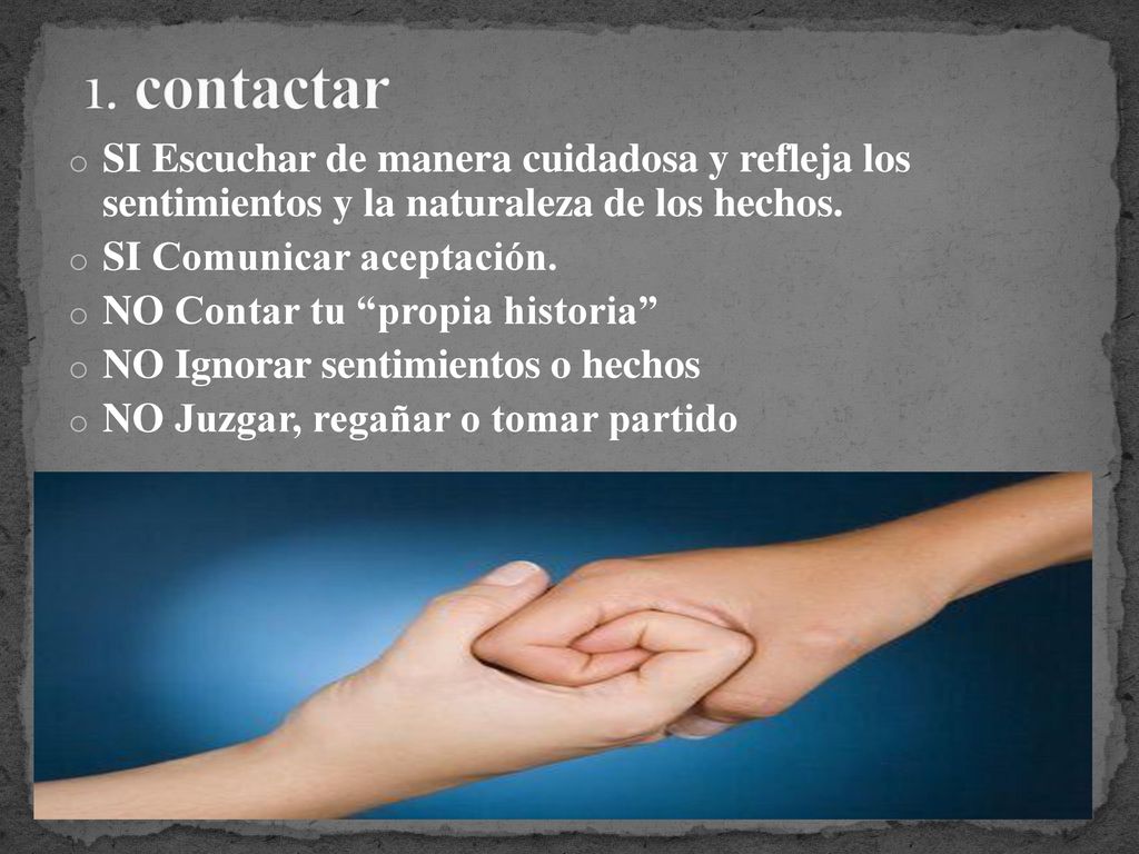 1. contactar SI Escuchar de manera cuidadosa y refleja los sentimientos y la naturaleza de los hechos.