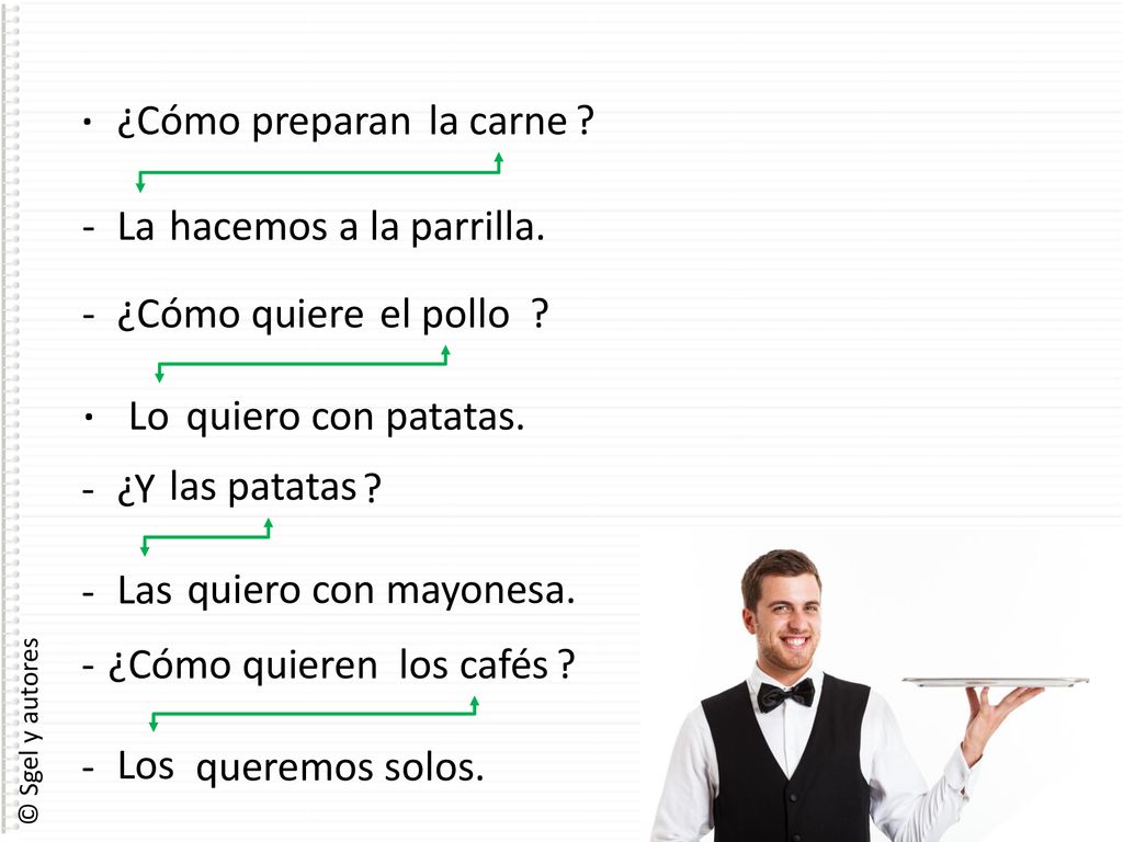 · ¿Cómo preparan. la carne. - La. hacemos a la parrilla. - ¿Cómo quiere. el pollo. · Lo.