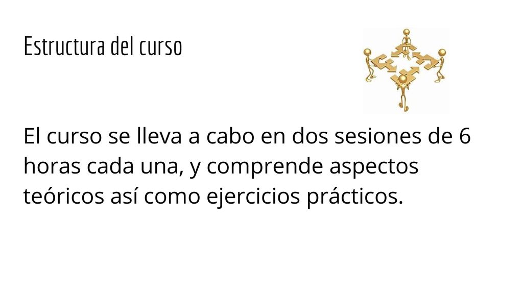 Estructura del curso El curso se lleva a cabo en dos sesiones de 6 horas cada una, y comprende aspectos teóricos así como ejercicios prácticos.