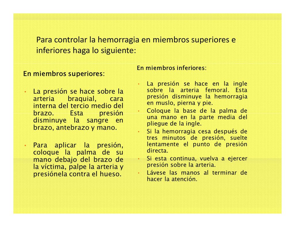 Para controlar la hemorragia en miembros superiores e inferiores haga lo siguiente: