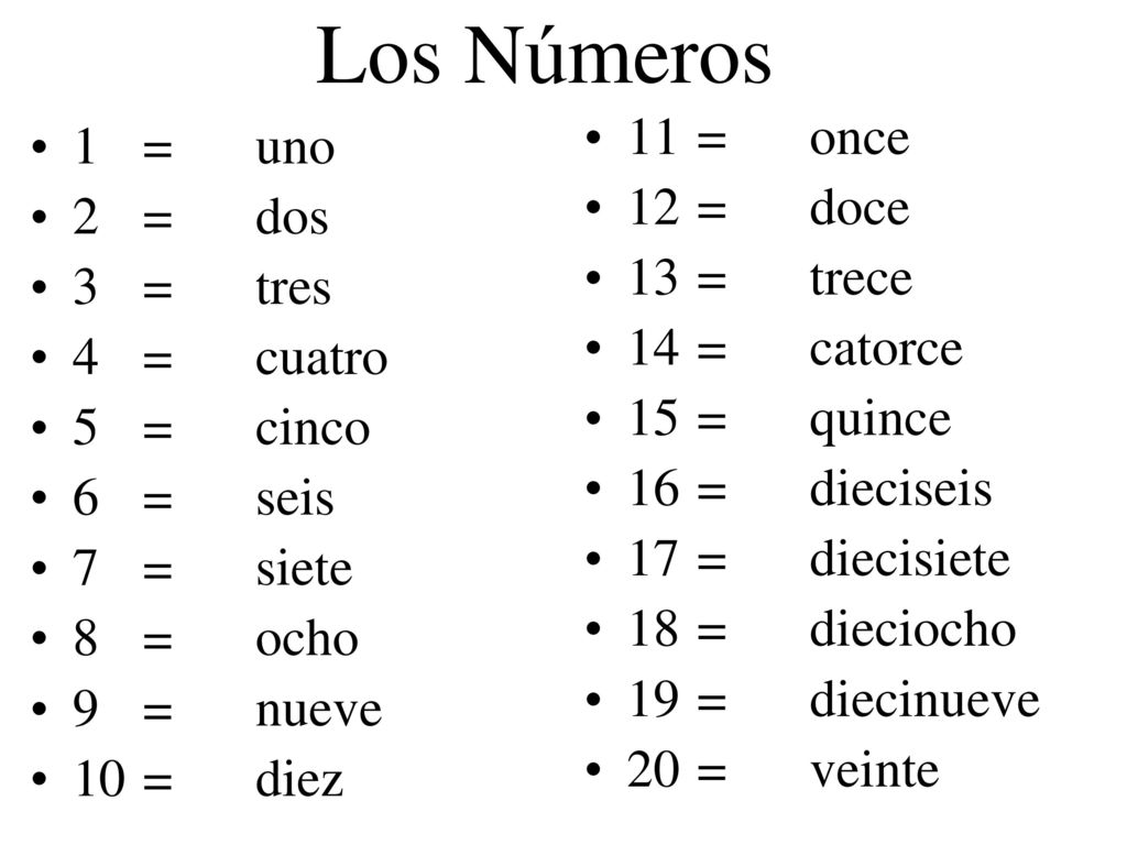 Los Números 11 = once 1 = uno 12 = doce 2 = dos 13 = trece 3 = tres