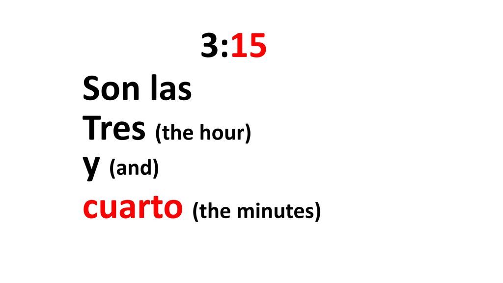 3:15 Son las Tres (the hour) y (and) cuarto (the minutes)