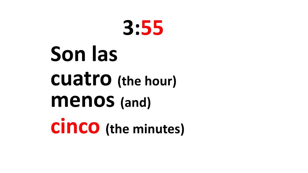 3:55 Son las cuatro (the hour) menos (and) cinco (the minutes)
