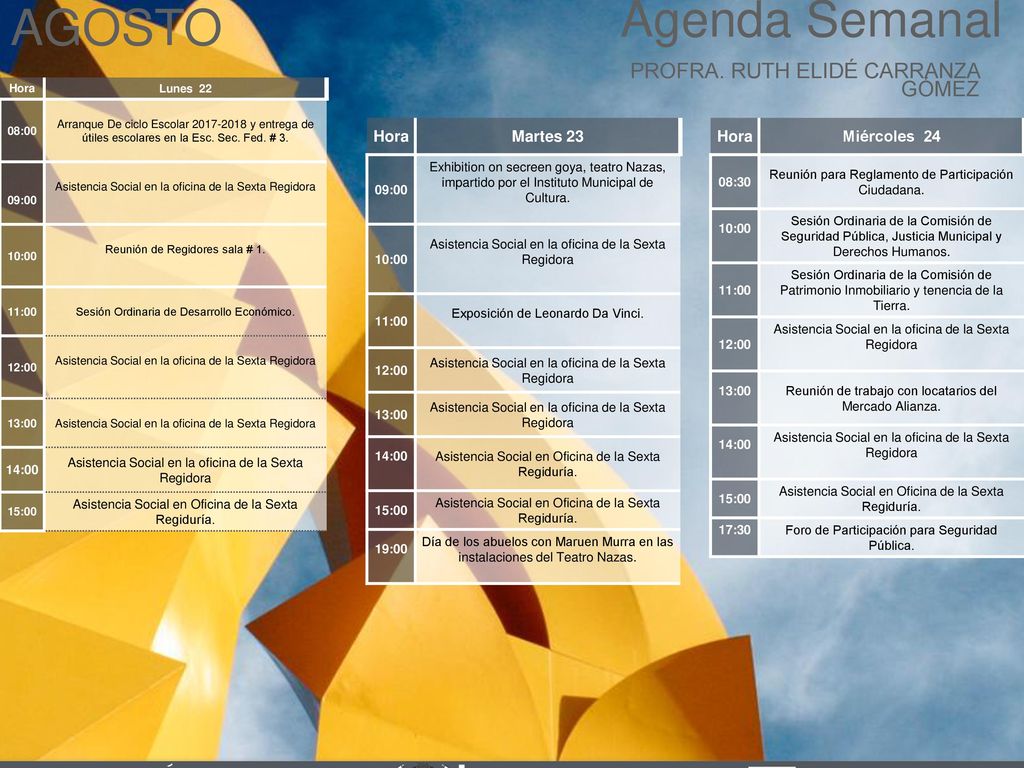 Agenda Semanal AGOSTO Cabildo Torreón PROFRA. RUTH ELIDÉ CARRANZA