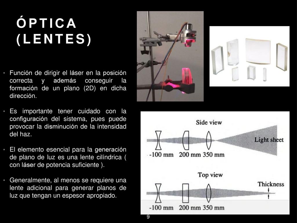 Óptica (lentes) Función de dirigir el láser en la posición correcta y además conseguir la formación de un plano (2D) en dicha dirección.