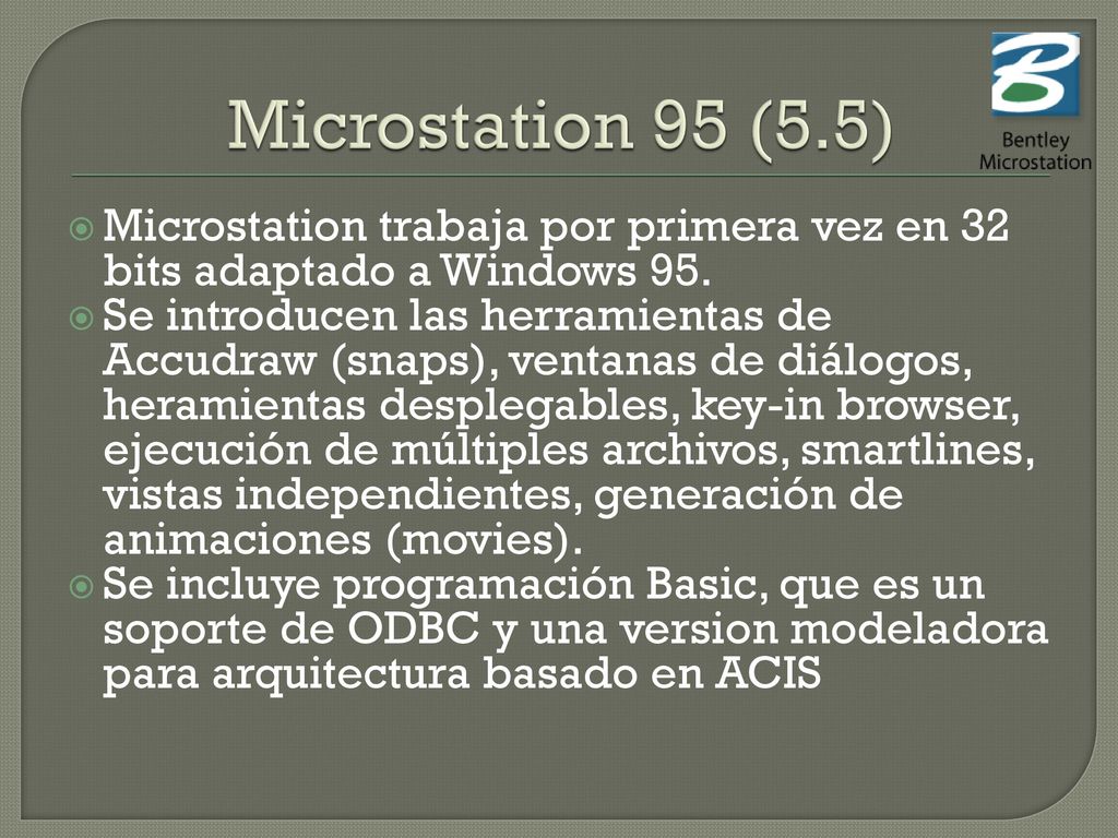 Microstation 95 (5.5) Microstation trabaja por primera vez en 32 bits adaptado a Windows 95.