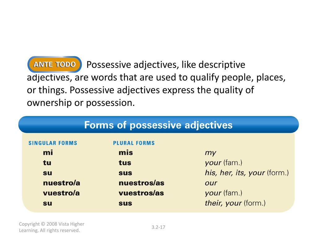 Possessive adjectives, like descriptive adjectives, are words that are used to qualify people, places, or things. Possessive adjectives express the quality of ownership or possession.