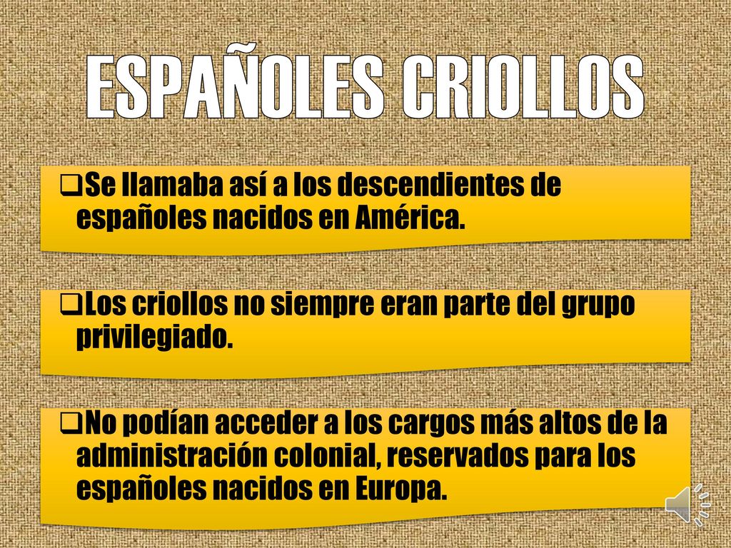 ESPAÑOLES CRIOLLOS Se llamaba así a los descendientes de españoles nacidos en América. Los criollos no siempre eran parte del grupo privilegiado.