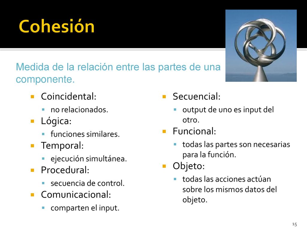 Cohesión Medida de la relación entre las partes de una componente.