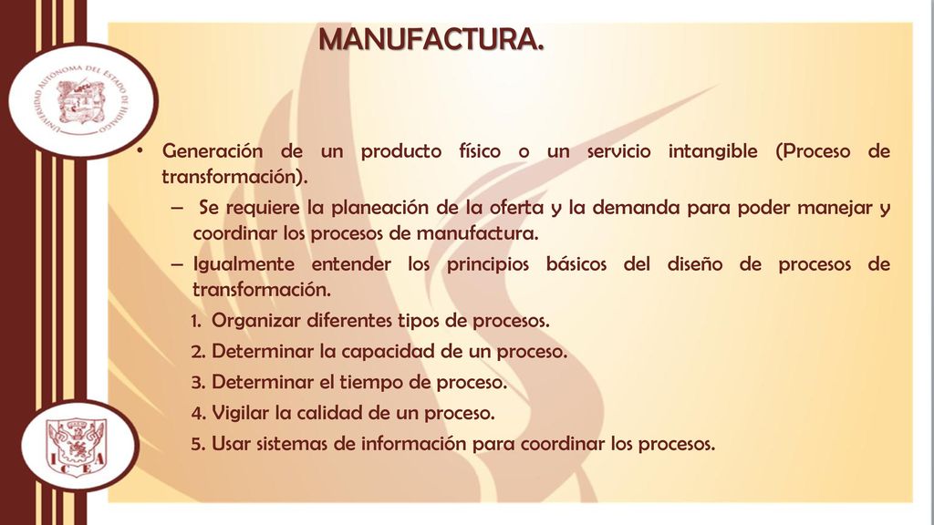 MANUFACTURA. Generación de un producto físico o un servicio intangible (Proceso de transformación).