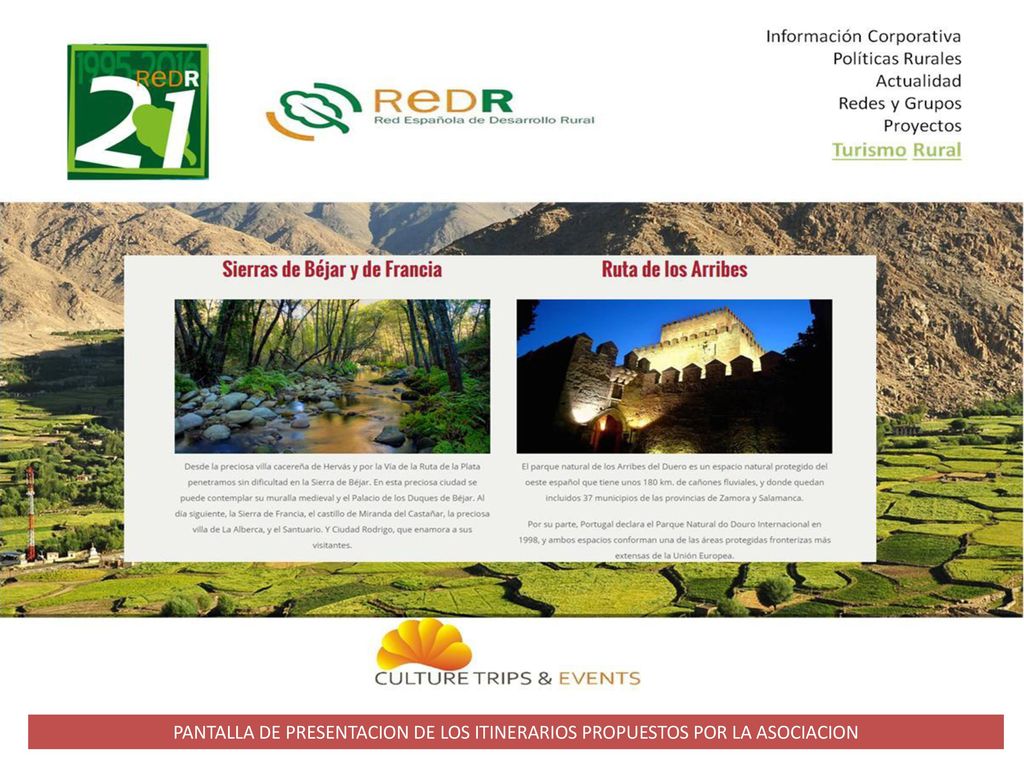 PANTALLA DE PRESENTACION DE LOS ITINERARIOS PROPUESTOS POR LA ASOCIACION