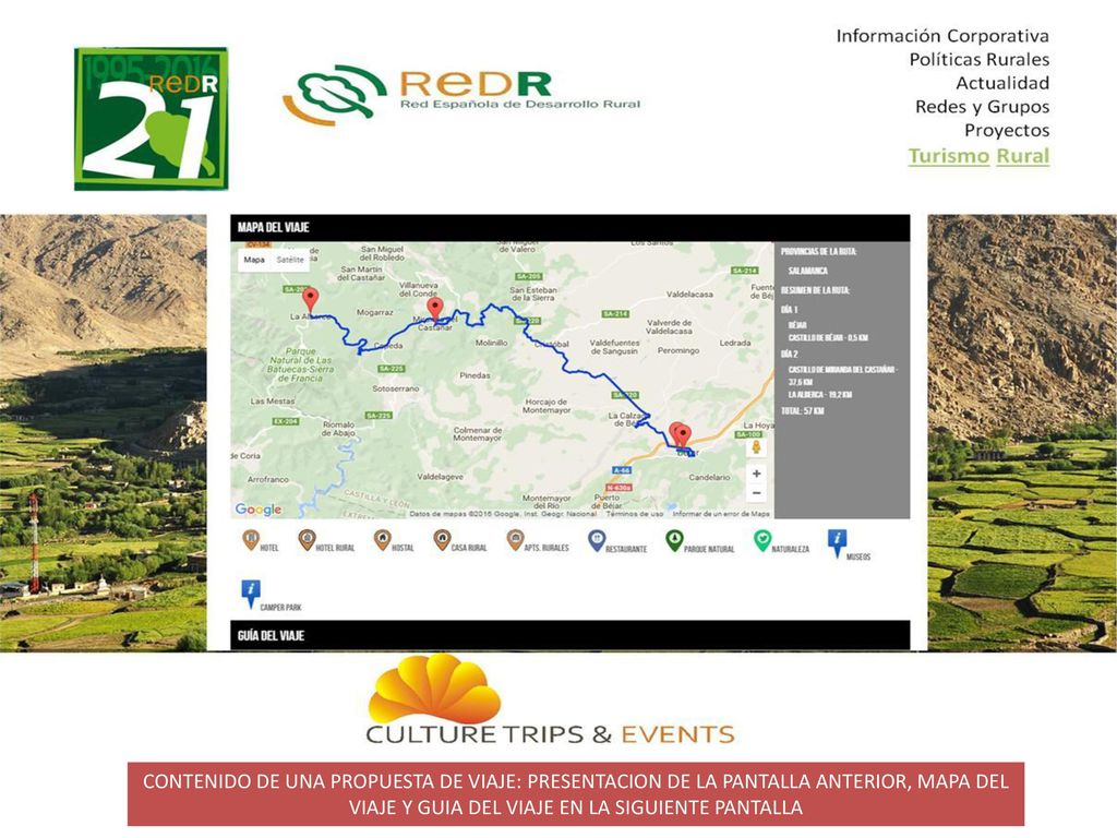 CONTENIDO DE UNA PROPUESTA DE VIAJE: PRESENTACION DE LA PANTALLA ANTERIOR, MAPA DEL VIAJE Y GUIA DEL VIAJE EN LA SIGUIENTE PANTALLA