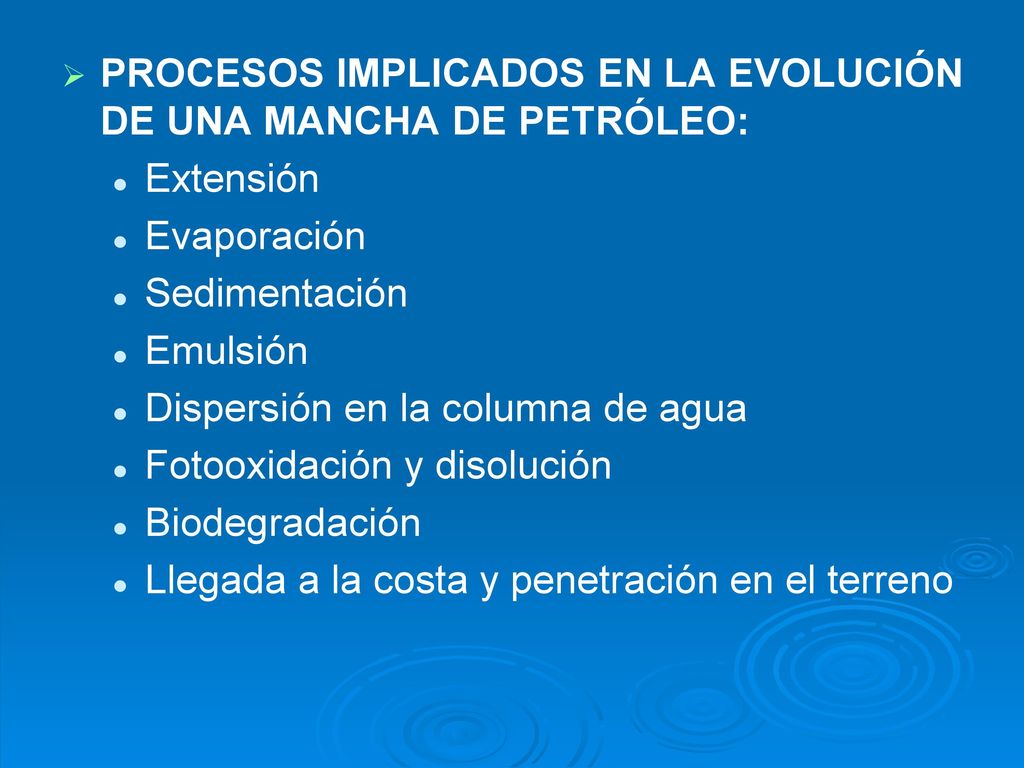 PROCESOS IMPLICADOS EN LA EVOLUCIÓN DE UNA MANCHA DE PETRÓLEO:
