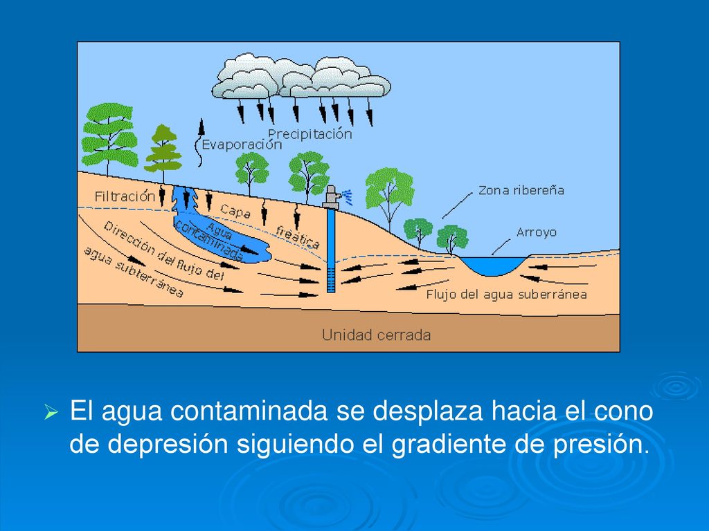 El agua contaminada se desplaza hacia el cono de depresión siguiendo el gradiente de presión.