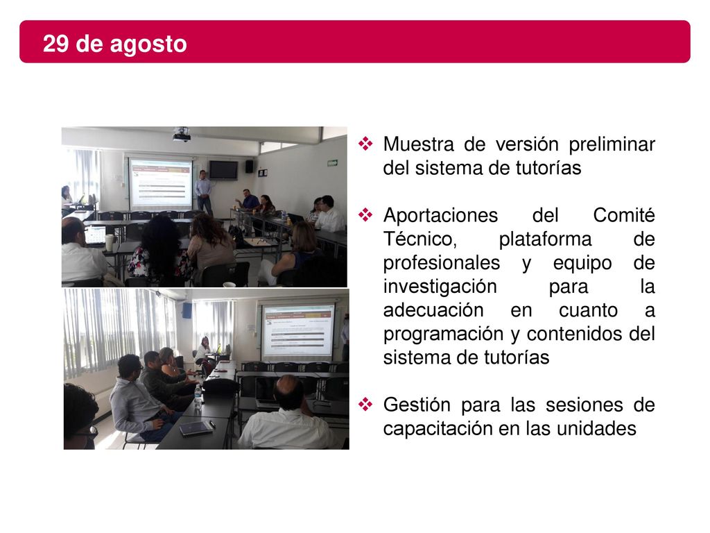 29 de agosto Muestra de versión preliminar del sistema de tutorías